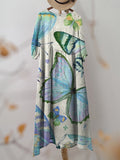 Women’s Vintage Blue Butterfly Print Pocket Cotton Dress