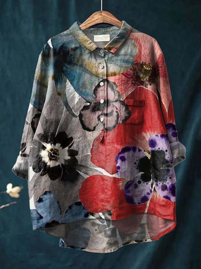 Women’s Ink Flowers Print Casual Cotton And Linen Shirt Multicolor / S