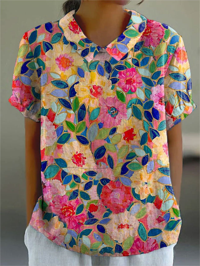 Women’s Colorful Flower Print Casual Cotton And Linen Shirt Multicolor / S