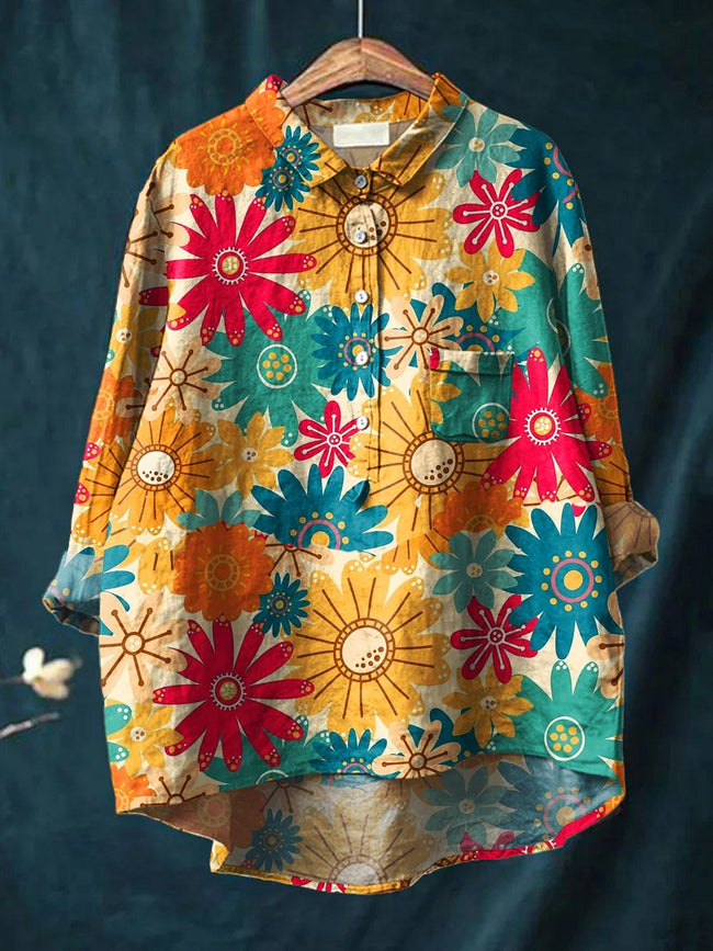 Women’s Floral Art Print Casual Cotton And Linen Shirt Multicolor / S