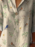 Boughs And Robin Birds Pattern Printed Women’s Casual Cotton Linen Shirt