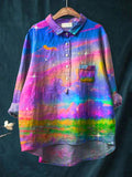 Rainbow Color Landscape Art Printed Women’s Casual Cotton And Linen Shirt Multicolor / S