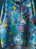 Vintage Lovely Stars Art Print Casual Cotton And Linen Shirt