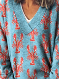 Lobster Repeat Pattern Printed Knit V-Neck Pullover Sweater