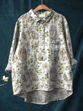 Watercolor Rabbit In Meadows Field Pattern Printed Women’s Casual Cotton And Linen Shirt