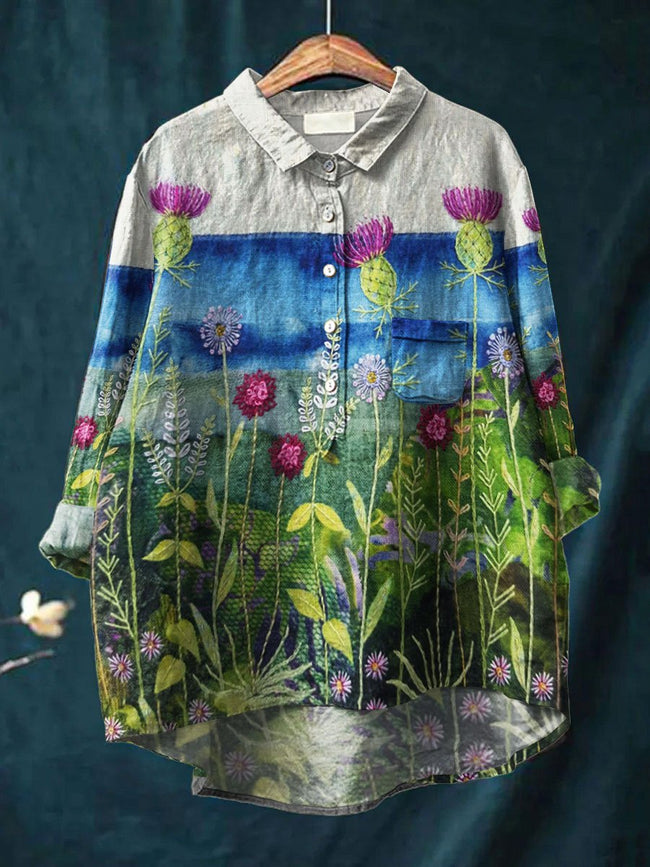 Women’s Vintage Flower Art Print Casual Cotton And Linen Shirt Multicolor / S