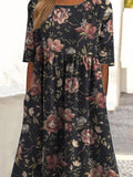 Vintage Style Tropical Floral Pattern Printed Women’s Pocket Cotton Dress