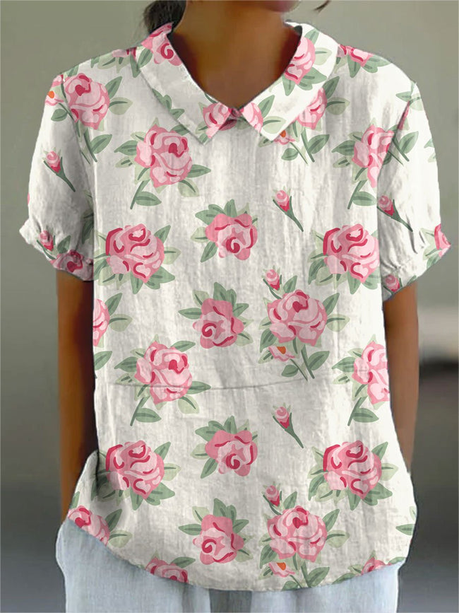 Women’s Rose Flower Print Casual Cotton And Linen Shirt Multicolor / S