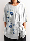 Simple Blue Spring Floral Printed Women’s Casual Cotton And Linen Shirt White / S