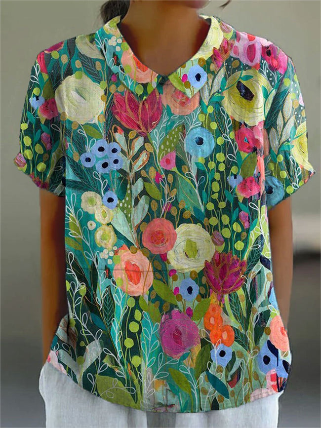 Women’s Vintage Flower Print Casual Cotton And Linen Shirt Multicolor / S