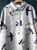 Flying Swallow Repeat Pattern Printed Women’s Casual Cotton And Linen Shirt