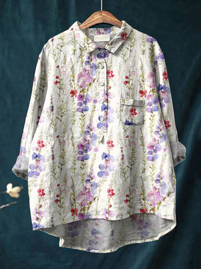 Women’s Floral Art Print Casual Cotton And Linen Shirt Multicolor / S