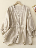 Women’s Spring Summer Cotton And Linen Five-Quarter Sleeve Shirt Almond / M