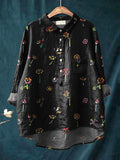 Summer Floral And Butterfly Pattern Printed Women’s Casual Cotton Linen Shirt Black / S