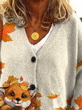 Women's Autumn Maple Leaves Cute Fox Casual Print Buttoned Cardigan Sweater