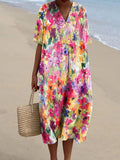 Women’s Colorful Watercolor Floral Print Pocket Linen Dress Multicolor / S