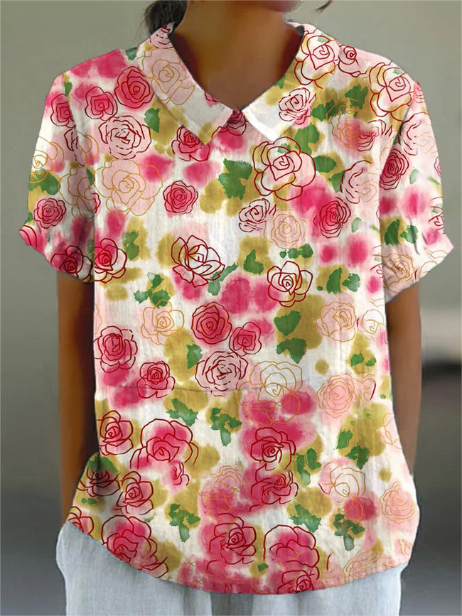 Women’s Flower Art Print Casual Cotton And Linen Shirt Multicolor / S