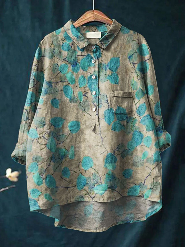 Women’s Flower Print Casual Cotton And Linen Shirt Multicolor / S