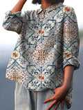 Women’s Retro Tile Print Casual Cotton And Linen Shirt