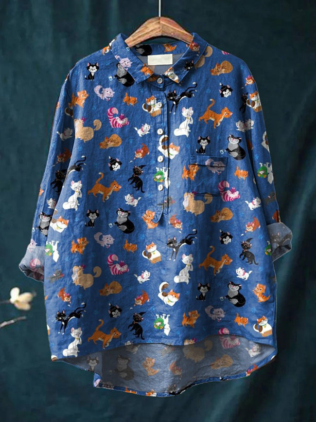 Women’s Cute Cartoon Critters Print Casual Cotton And Linen Shirt Multicolor / S