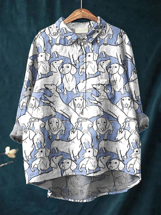 Women’s Funny Dog Art Print Casual Cotton And Linen Shirt Multicolor / S