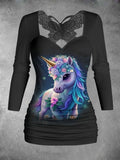 Women's Classic Unicorn Pattern Butterfly Lace Patchwork Top