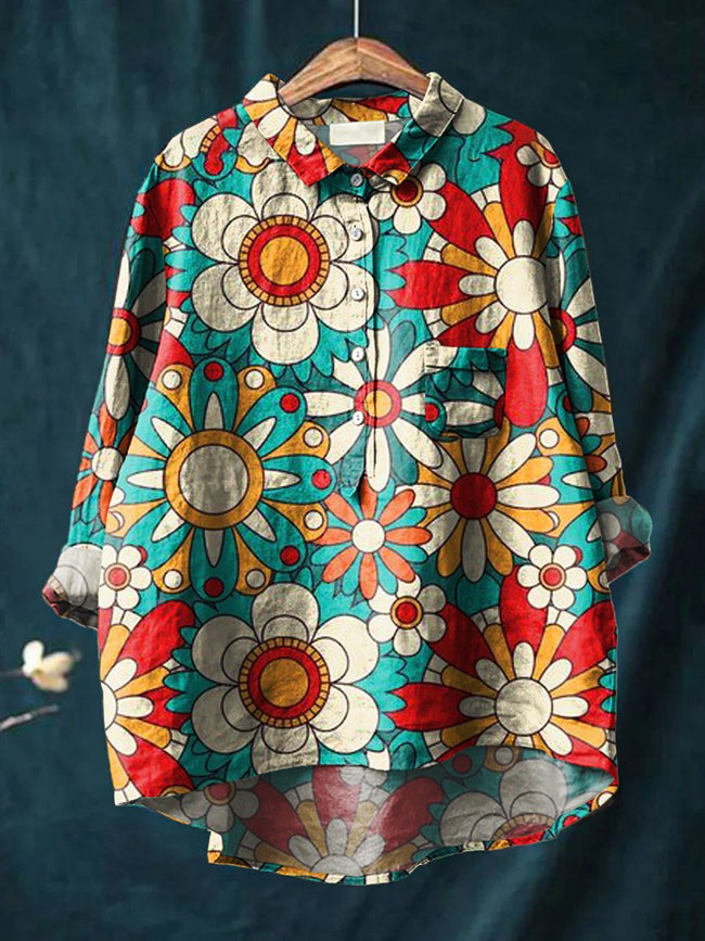 Women’s Floral Art Print Casual Cotton And Linen Shirt Multicolor / S