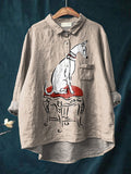 Curious Puppy Dog Printed Women’s Casual Cotton And Linen Shirt Sand / S