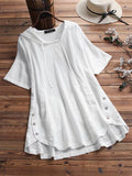 Women’s Plaid Cotton And Linen Button Down Long Tunic Shirt White(Shortsleeve) / M