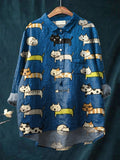 Vintage Funny Cats Art Print Casual Cotton And Linen Shirt Blue / S