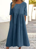 Cotton And Linen Casual Short Sleeve Pocket Pleated Loose Round Neck Dress Denim Blue / S