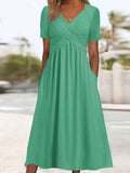 Women’s Half Sleeve V-Neck Solid Color Pockets Midi Dress Green / S