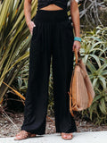 Women’s Cotton And Linen Elasticated Waist-Waisted Wide-Leg Pants Black / S