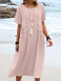 Women’s Solid Color Loose Elegant Casual Cotton And Linen Dress Pink / S