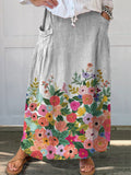 Women’s Vintage Lovely Floral Art Printed Linen Pocket Skirt Multicolor / S