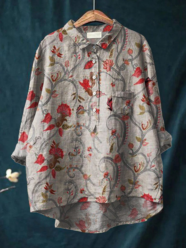 Women’s Floral Art Print Casual Cotton And Linen Shirt Multicolor / S