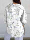 Women’s Purple Floral Print Casual Linen V-Neck Shirt