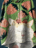 Vintage Lovely Cat Strawberry Art Print Casual Cotton And Linen Shirt