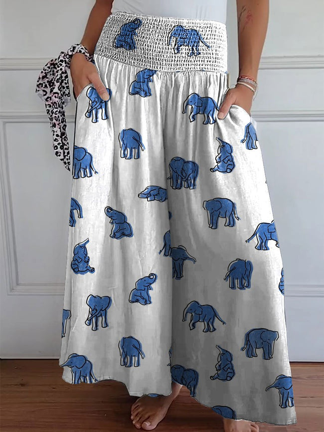 Women’s Cute Elephant Print Cotton Wide Leg Pants Multicolor / S