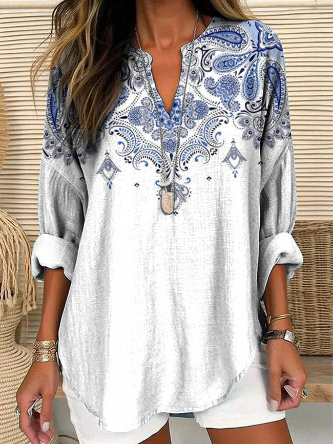 Women’s Simple Cashew Flower Ethnic Print Casual Linen V-Neck Shirt Multicolor / S