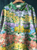 Blooming Summer Floral Field Pattern Printed Women’s Casual Cotton And Linen Shirt