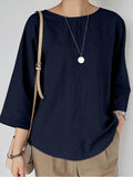 Women’s Solid Color Loose Elegant Casual Cotton And Linen T-Shirt Dark Blue / S