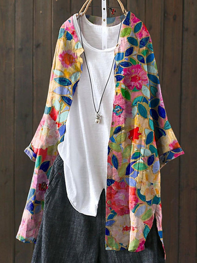 Women’s Flower Print Loose Casual Top Jacket Multicolor / S