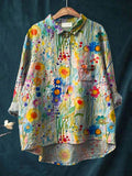 Women’s Vintage Lovely Floral Birds Art Print Casual Cotton And Linen Shirt Multicolor / S