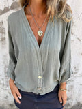 Women’s Spring And Summer Cotton And Linen V-Neck Casual Shirt Green / S