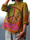 Women’s Rainbow Color Retro Gradient Peace Sign Print Casual Cotton And Linen Shirt