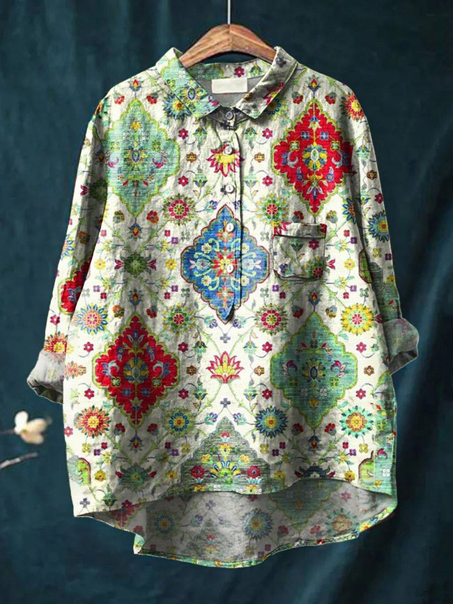 Women’s Floral Art Print Casual Cotton And Linen Shirt Multicolor / S