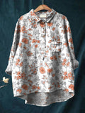 Women’s Simple Drawing Orange Flower Print Casual Cotton And Linen Shirt Multicolor / S