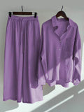 Women’s Solid Color Loose Elegant High Waist Casual Cotton And Linen Suit Purple / S