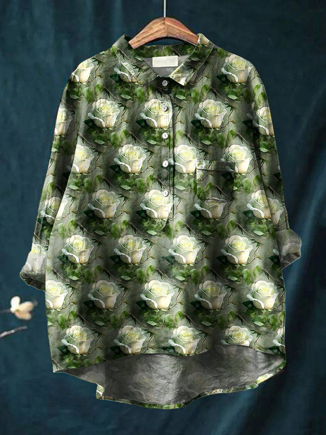 Women’s Floral Art Print Casual Cotton And Linen Shirt Multicolor / S